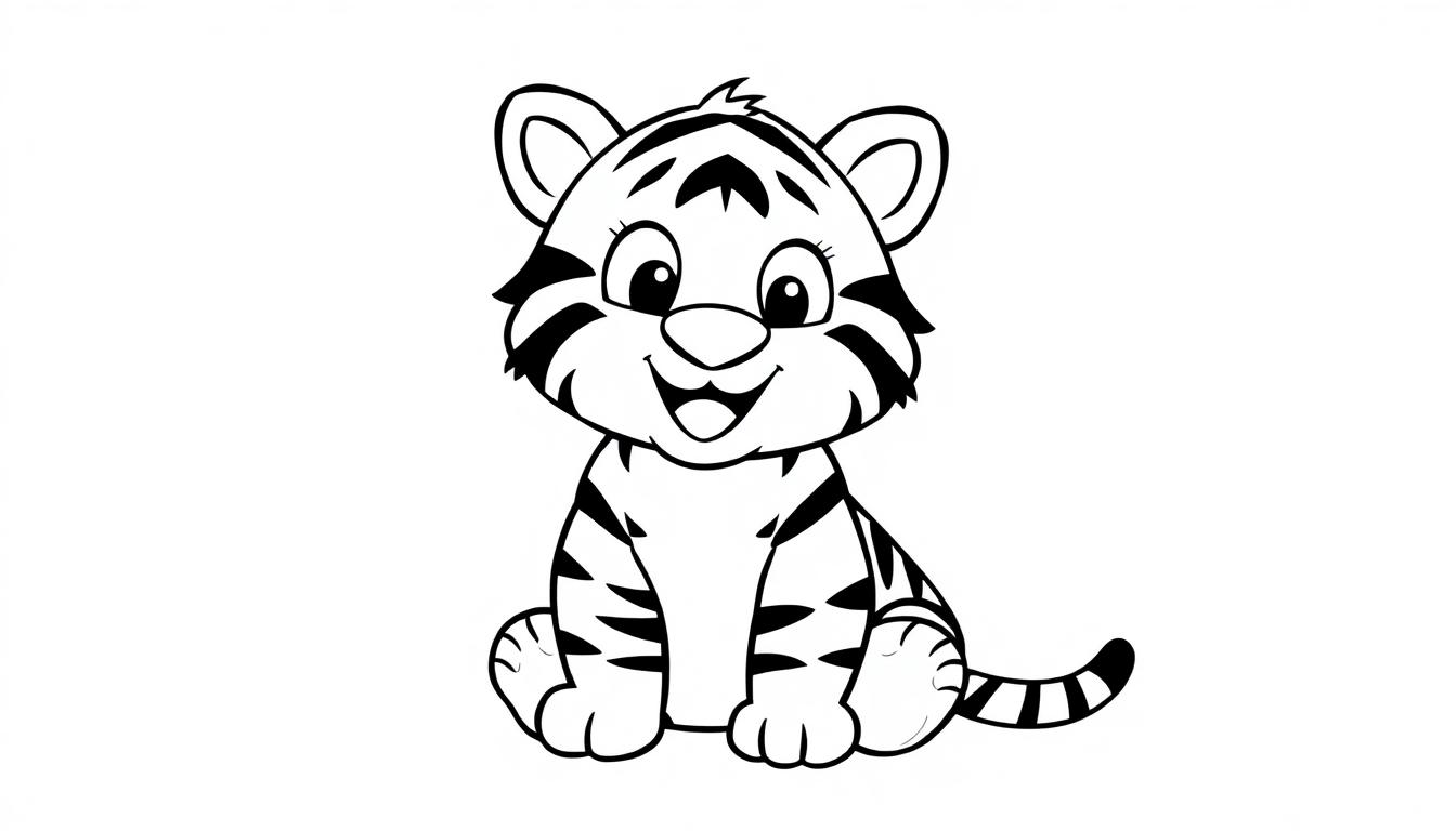 Ein cartoonartiger Tigerjunge, bereit zum Ausmalen, mit schwarzen Streifen auf orangefarbenem Fell, der aufrecht sitzt und lächelt. Schwarz-weiß, klare Linien, ohne Farben. Farbtafel.