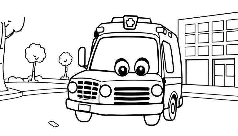 Eine schwarz-weiße Cartoon-Farbtafel eines freundlichen Krankenwagens mit großen Augen vor einem Krankenhaus und Bäumen.