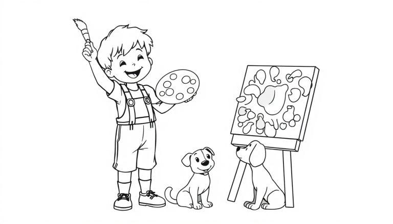 Ein Junge in Lederhosen mit Pinsel und Farbtafel malt ein abstraktes Bild, während zwei Hunde zusehen.
