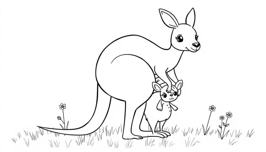 Schwarz-weiße Farbtafel eines niedlichen Cartoon-Kängurus mit einem Baby im Beutel auf einer Grasfläche.