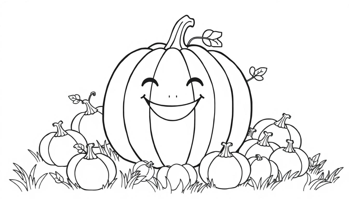 Schwarz-weiße Ausmalvorlage einer Herbstszene mit einem lächelnden Kürbis im Zentrum und kleineren Kürbissen, umgeben von Gras.