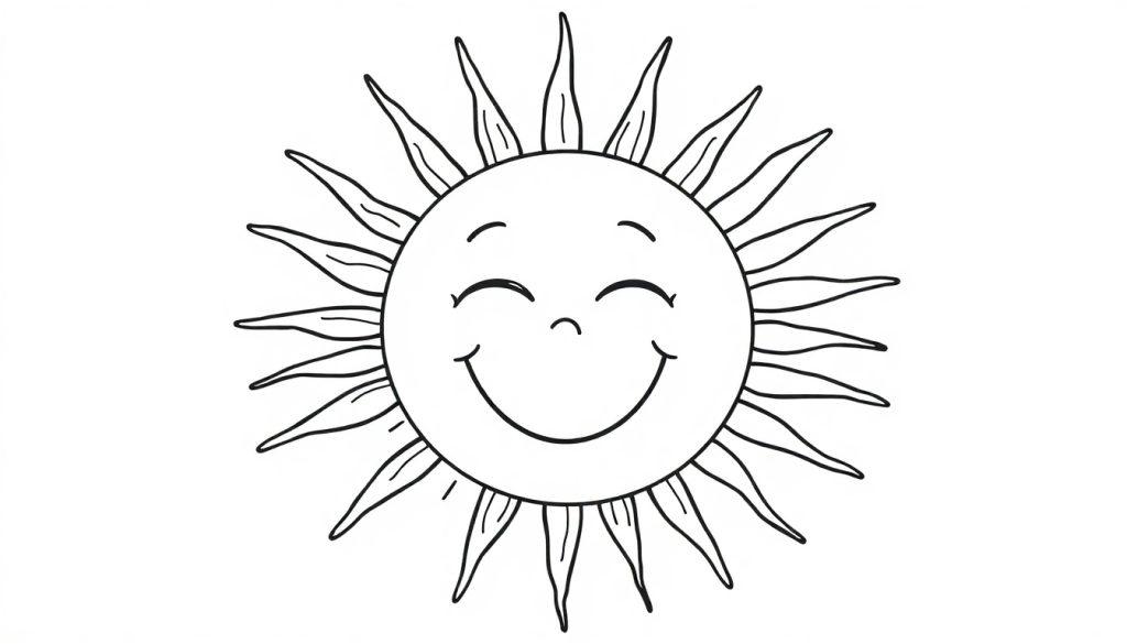 Schwarz-Weiß-Farbtafel einer lachenden Sonne mit blattförmigen Strahlen.