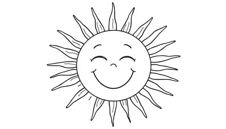 Schwarz-Weiß-Farbtafel einer lachenden Sonne mit blattförmigen Strahlen.
