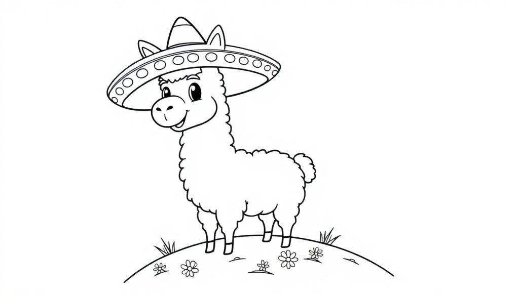 Schwarz-weiße Farbtafel eines freundlichen Lamas mit Sombrero auf einem kleinen Hügel.