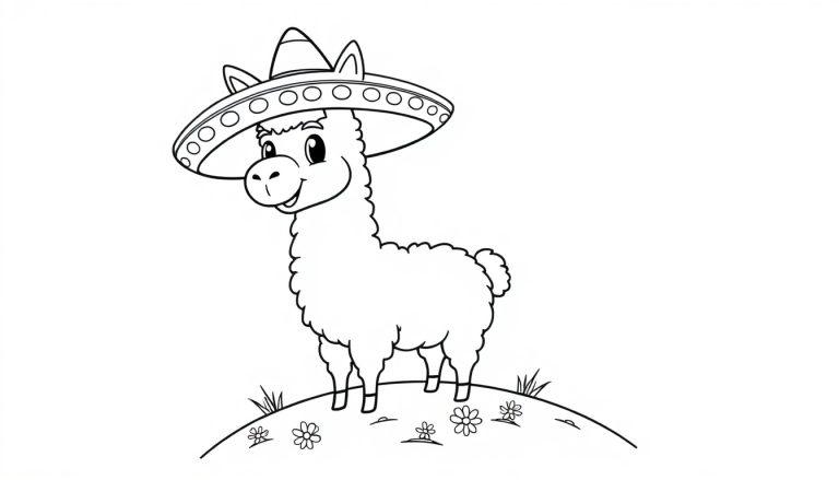 Schwarz-weiße Farbtafel eines freundlichen Lamas mit Sombrero auf einem kleinen Hügel.