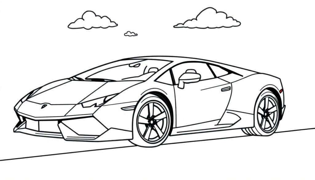 Eine schwarz-weiße Farbtafel-Strichzeichnung eines Lamborghini auf einer Straße mit drei Wolken im Hintergrund.