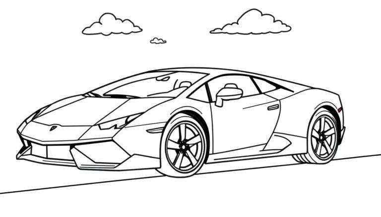 Eine schwarz-weiße Farbtafel-Strichzeichnung eines Lamborghini auf einer Straße mit drei Wolken im Hintergrund.