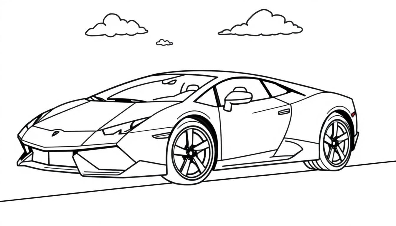 Eine schwarz-weiße Farbtafel-Strichzeichnung eines Lamborghini auf einer Straße mit drei Wolken im Hintergrund.