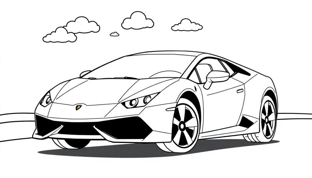 Schwarz-weiße Farbtafel eines Lamborghini Huracan für Kinder.