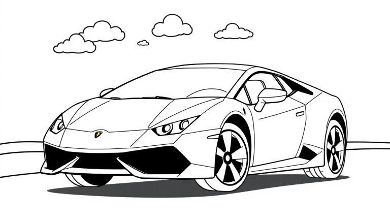 Schwarz-weiße Farbtafel eines Lamborghini Huracan für Kinder.