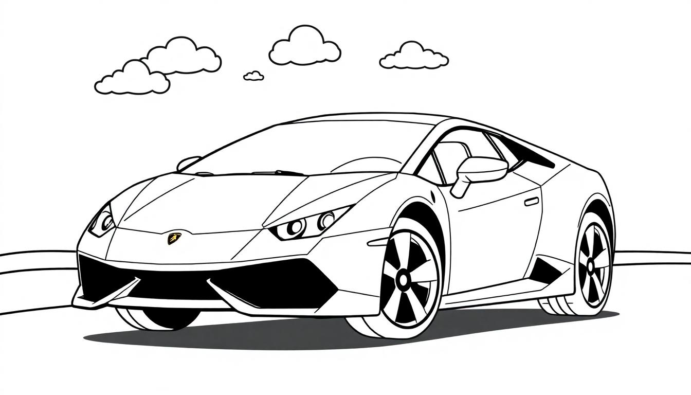 Schwarz-weiße Farbtafel eines Lamborghini Huracan für Kinder.