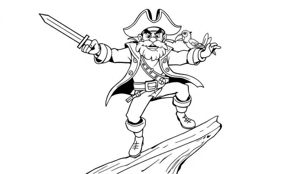 Lavenor Zorro, der Pirat, steht auf einem Baumstamm mit einem Papagei auf der Schulter.