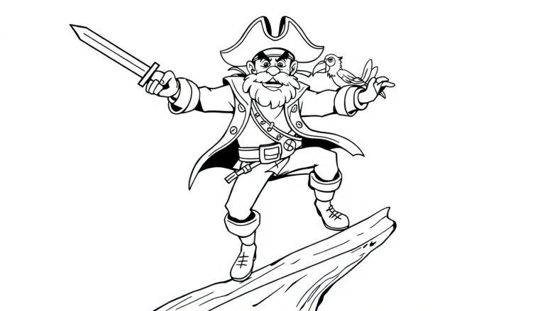 Lavenor Zorro, der Pirat, steht auf einem Baumstamm mit einem Papagei auf der Schulter.