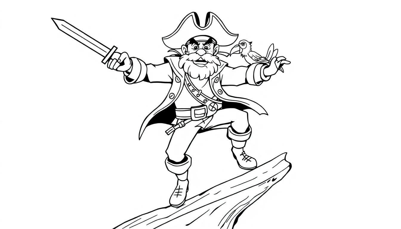 Lavenor Zorro, der Pirat, steht auf einem Baumstamm mit einem Papagei auf der Schulter.