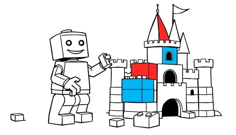 Ein Lego-Mann baut eine bunte Legoburg, Schwarz-Weiß-Farbtafel.