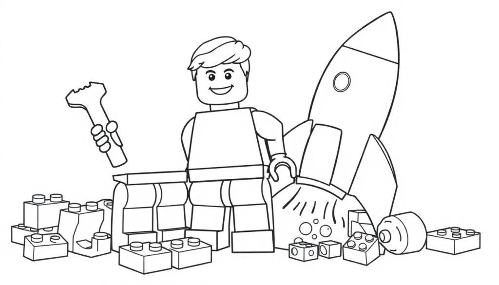 Schwarz-Weiß-Farbtafel einer Lego-Minifigur eines Jungen, der hinter einer Lego-Mauer steht und eine Rakete baut.