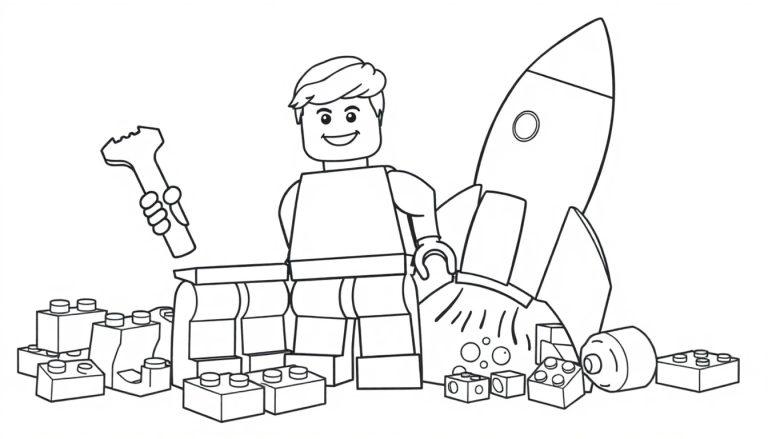 Schwarz-Weiß-Farbtafel einer Lego-Minifigur eines Jungen, der hinter einer Lego-Mauer steht und eine Rakete baut.