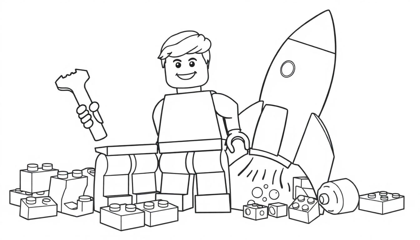Schwarz-Weiß-Farbtafel einer Lego-Minifigur eines Jungen, der hinter einer Lego-Mauer steht und eine Rakete baut.