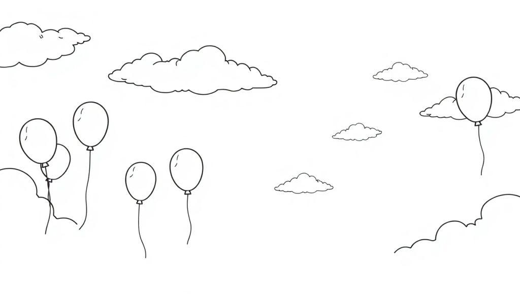 Eine schwarz-weiße Skizze des Himmels mit Wolken und Luftballons, die zur Farbtafel bereit sind.