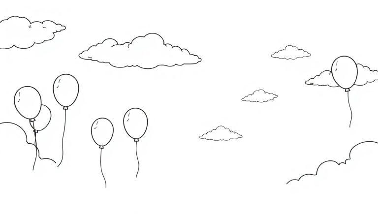 Eine schwarz-weiße Skizze des Himmels mit Wolken und Luftballons, die zur Farbtafel bereit sind.