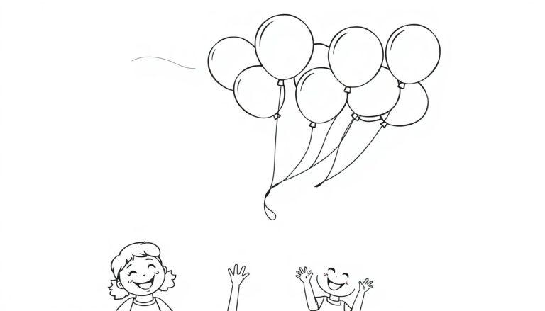 Zwei lachende Kinder winken einer Farbtafel von bunten Luftballons am Himmel hinterher.