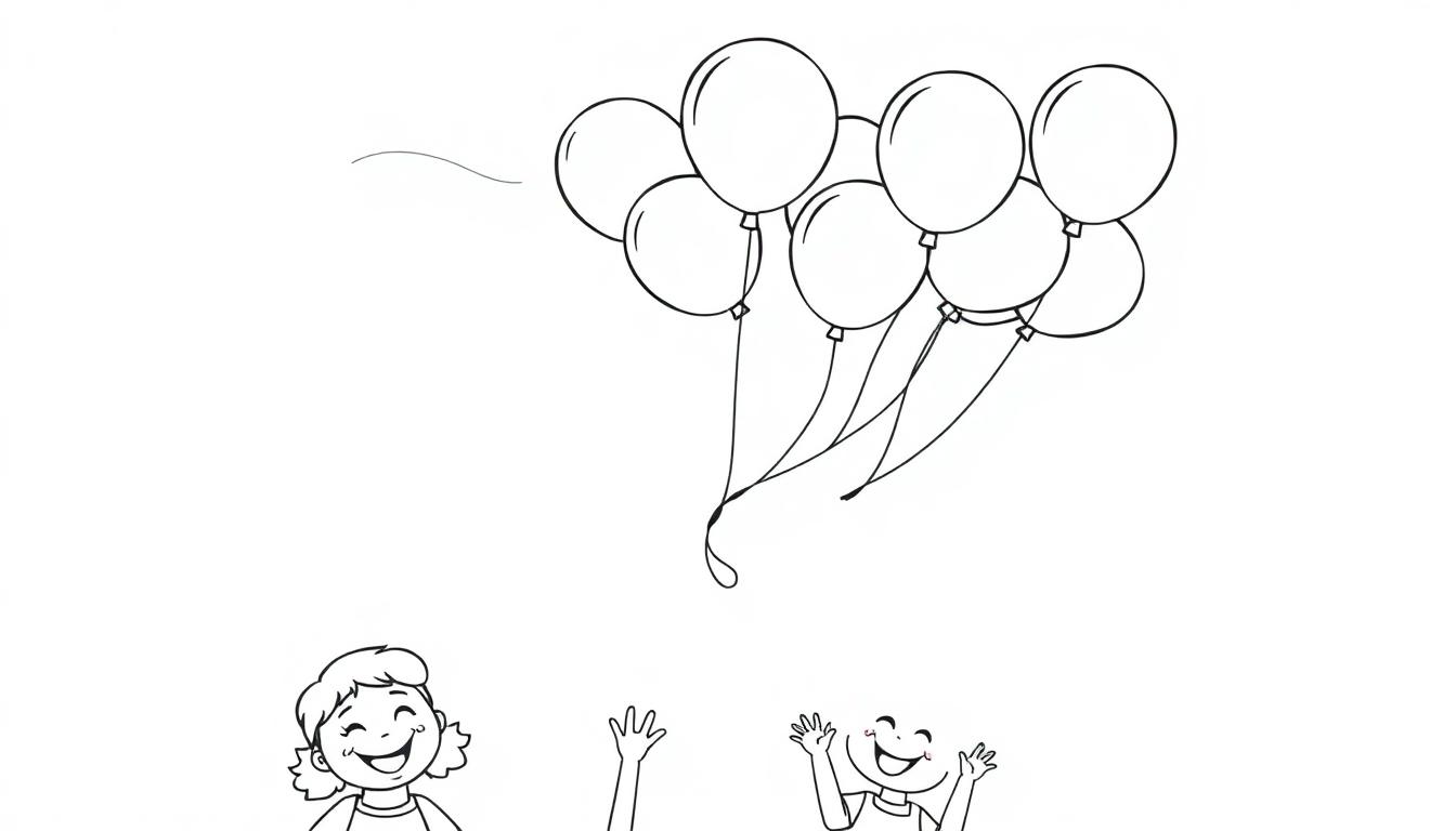 Zwei lachende Kinder winken einer Farbtafel von bunten Luftballons am Himmel hinterher.