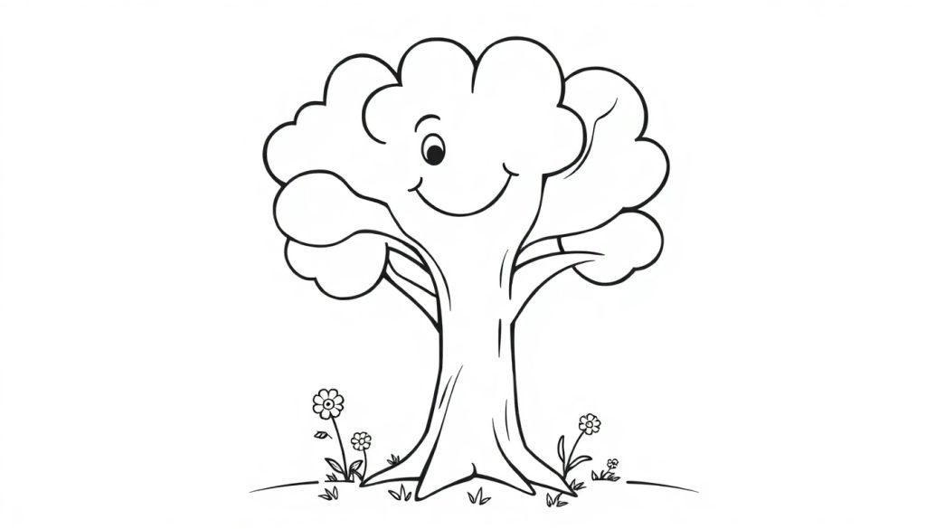 Eine Schwarz-Weiß-Farbtafel-Cartoon-Zeichnung eines Baumes mit einem freundlichen Gesicht und Wolkenblättern.