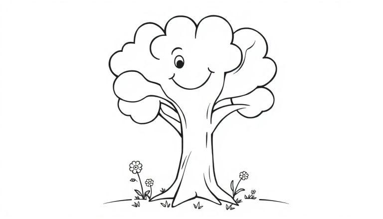 Eine Schwarz-Weiß-Farbtafel-Cartoon-Zeichnung eines Baumes mit einem freundlichen Gesicht und Wolkenblättern.
