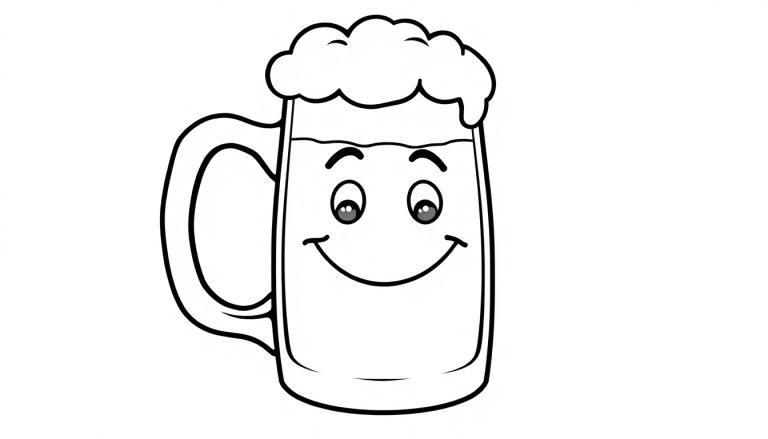 Schwarz-weißer Cartoon-Bierkrug mit einem freundlichen Gesicht, bereit zum Ausmalen als Farbtafel.