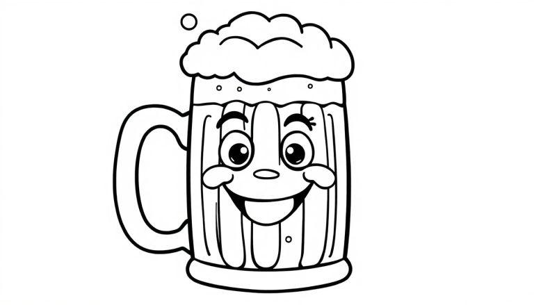 Eine Schwarz-Weiß-Farbtafel eines fröhlichen Bierkrugs mit einem lächelnden Gesicht, bereit zum Ausmalen.