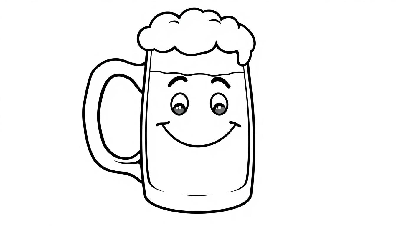 Schwarz-weißer Cartoon-Bierkrug mit einem freundlichen Gesicht, bereit zum Ausmalen als Farbtafel.
