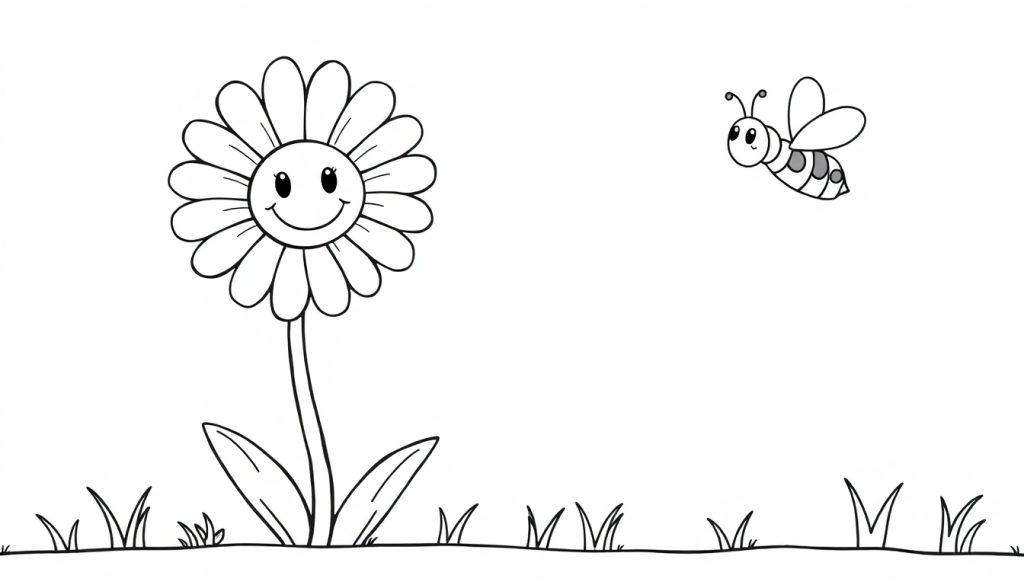 Schwarz-weiße Farbtafel-Illustration einer lächelnden Blume mit einem runden Kopf und einer kleinen, gestreiften Biene, die in Gras fliegt.