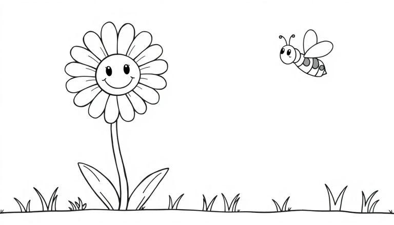 Schwarz-weiße Farbtafel-Illustration einer lächelnden Blume mit einem runden Kopf und einer kleinen, gestreiften Biene, die in Gras fliegt.