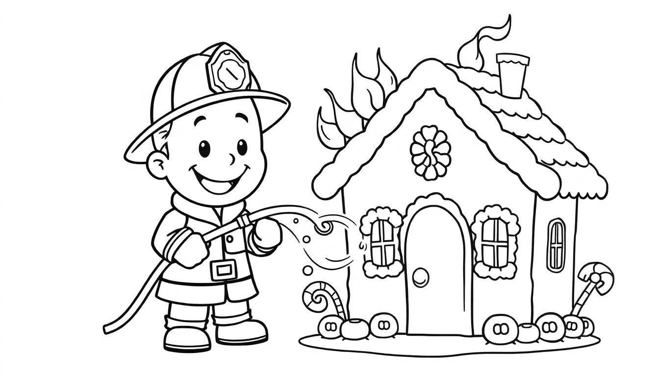 Eine schwarz-weiße Farbtafel eines niedlichen Cartoon-Feuerwehrmannes, der ein brennendes Lebkuchenhaus löscht.