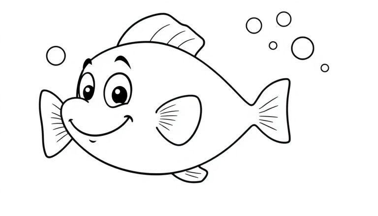 Schwarz-weiße Farbtafel eines niedlichen Cartoon-Fisches mit großen Augen und einem Lächeln, der Blasen ausstößt.
