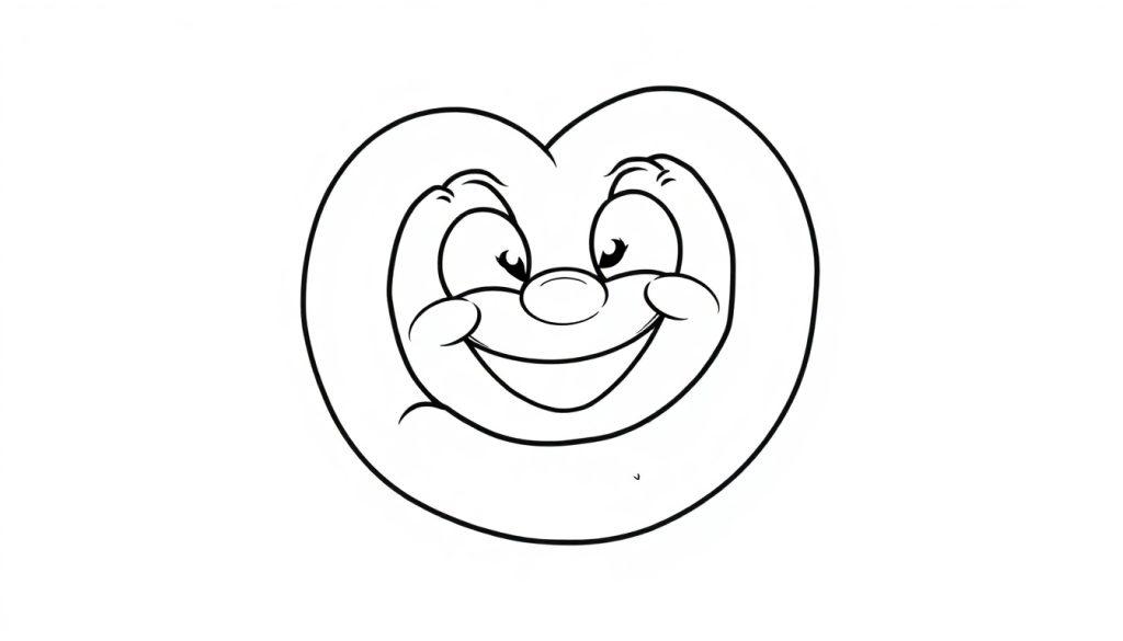 Schwarz-weißes Cartoon-Herzgesicht mit großen Augen, runder Nase und breitem Lächeln, bereit zum Ausmalen als Farbtafel.