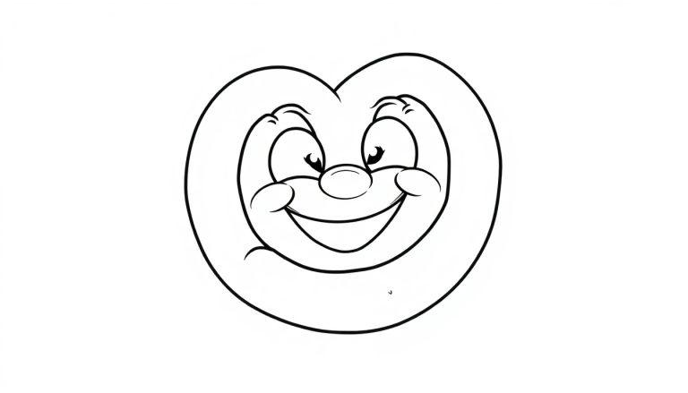 Schwarz-weißes Cartoon-Herzgesicht mit großen Augen, runder Nase und breitem Lächeln, bereit zum Ausmalen als Farbtafel.