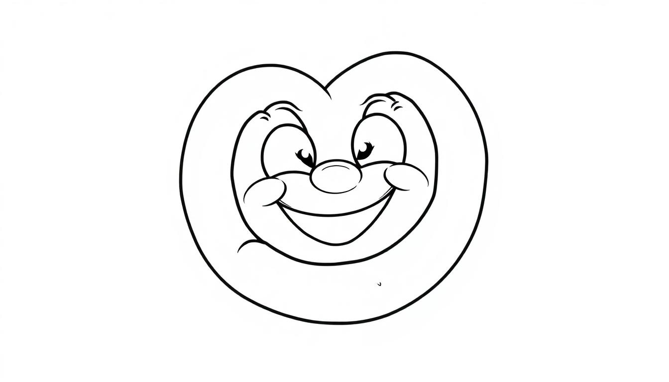 Schwarz-weißes Cartoon-Herzgesicht mit großen Augen, runder Nase und breitem Lächeln, bereit zum Ausmalen als Farbtafel.
