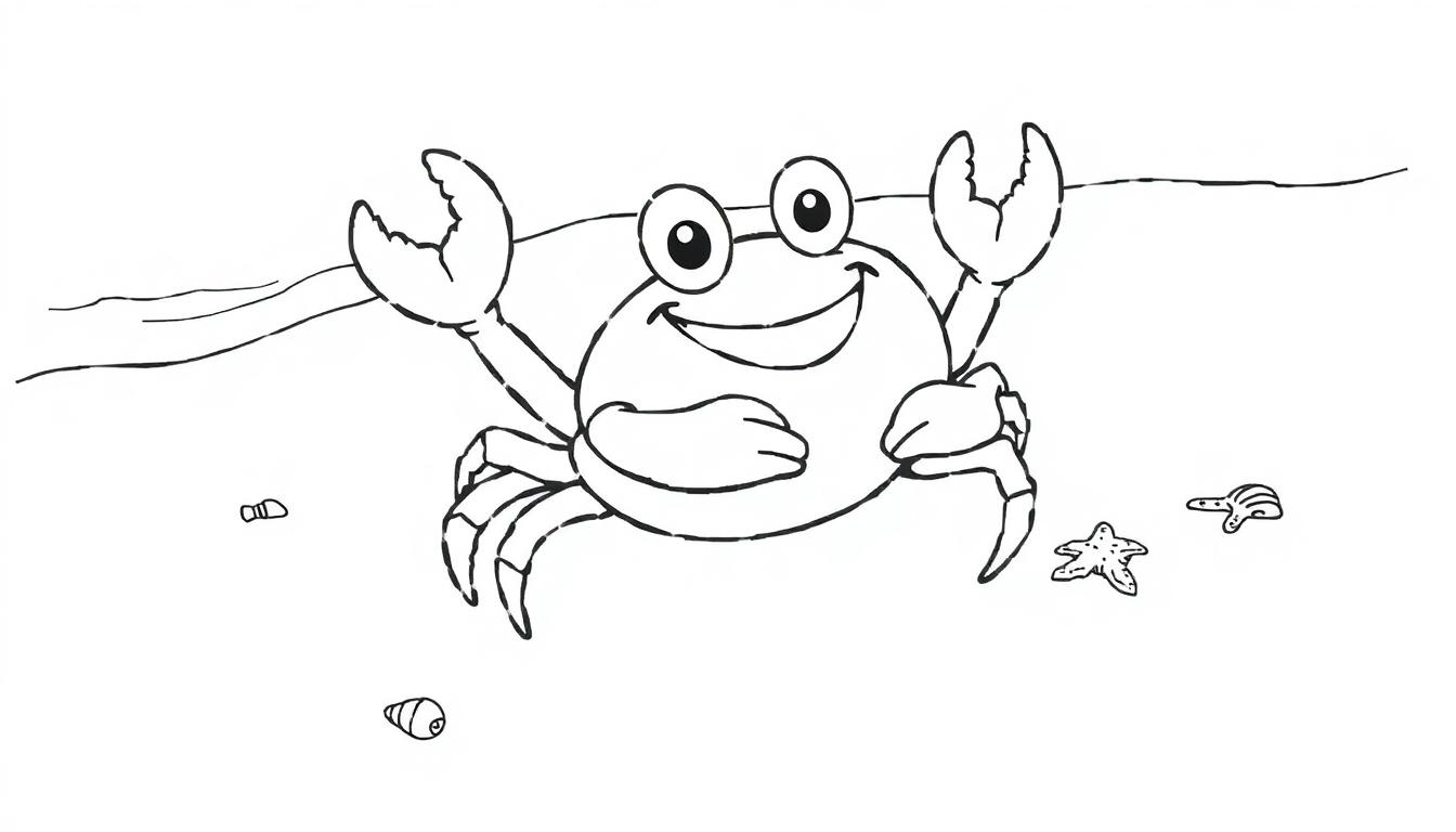 Eine Cartoon-Krabbe mit erhobenen Scheren und einem breiten Grinsen, bereit zum Ausmalen einer Farbtafel am Strand.
