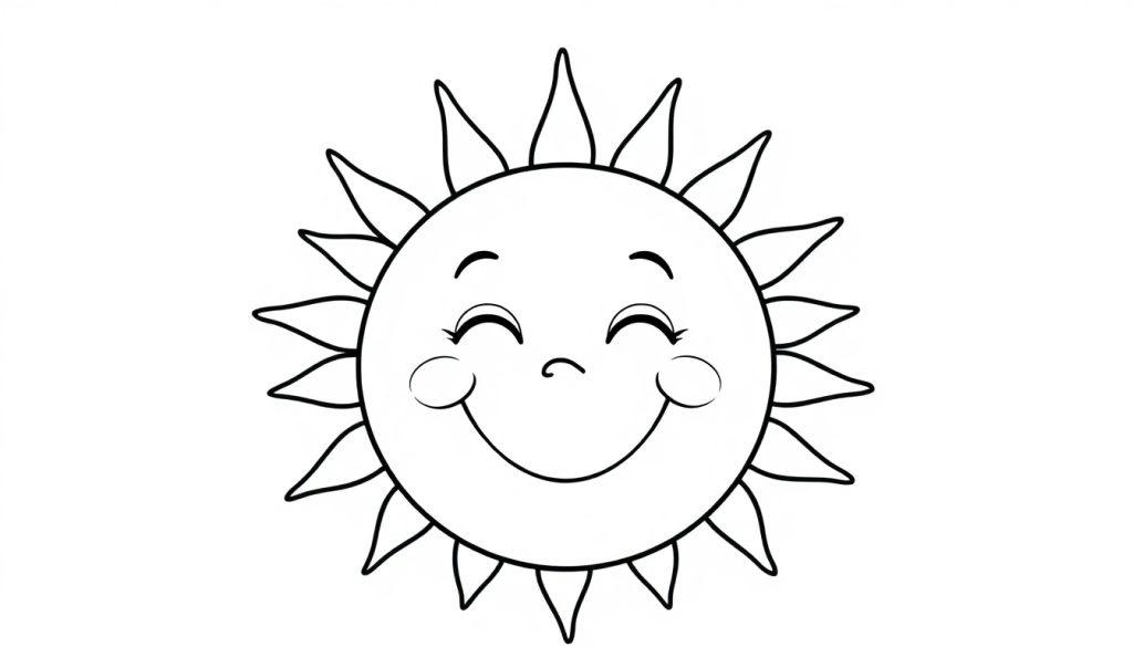 Schwarz-weiße Farbtafel einer lachenden Cartoon-Sonne mit Zickzack-Strahlen.