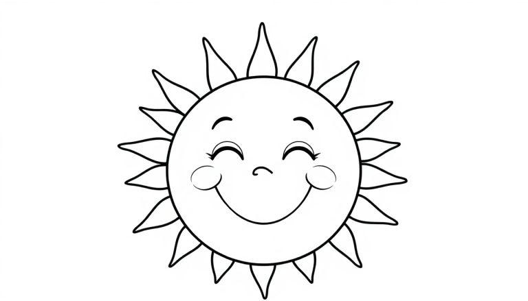 Schwarz-weiße Farbtafel einer lachenden Cartoon-Sonne mit Zickzack-Strahlen.