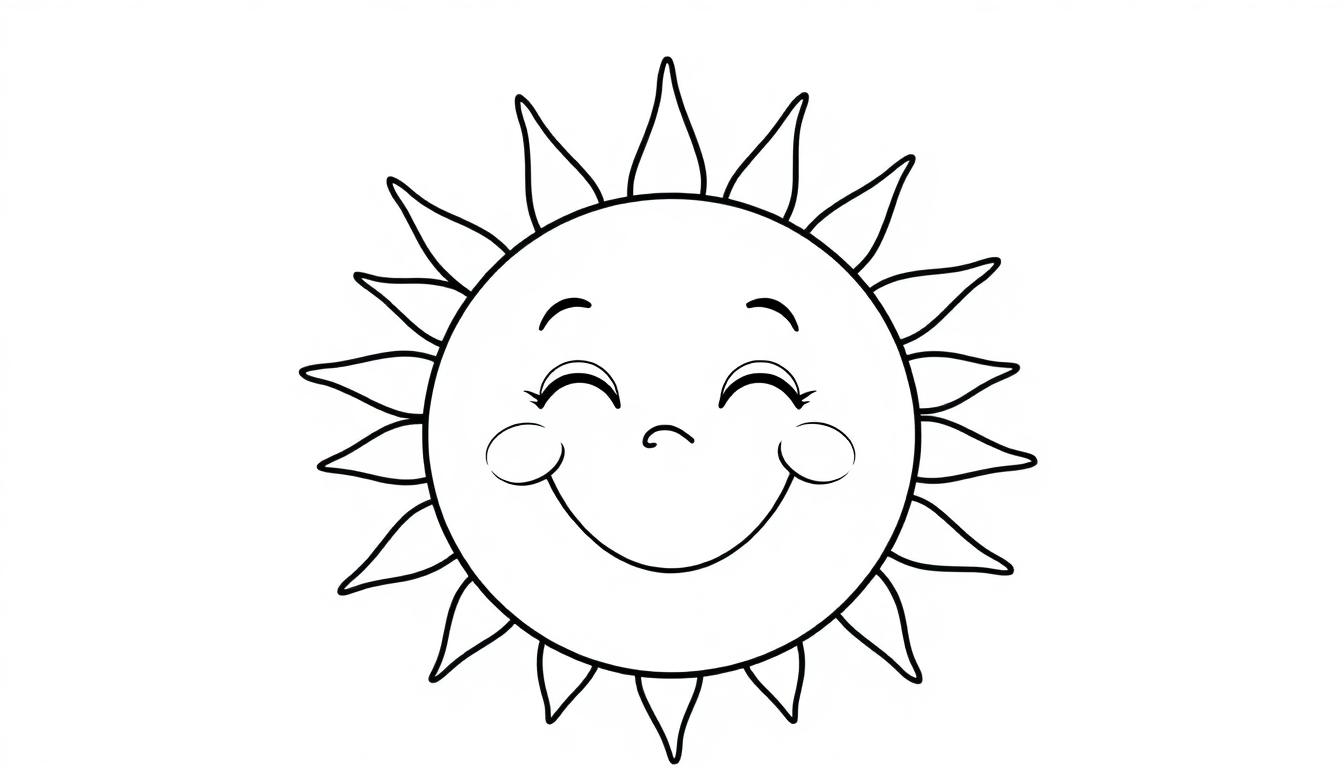 Schwarz-weiße Farbtafel einer lachenden Cartoon-Sonne mit Zickzack-Strahlen.