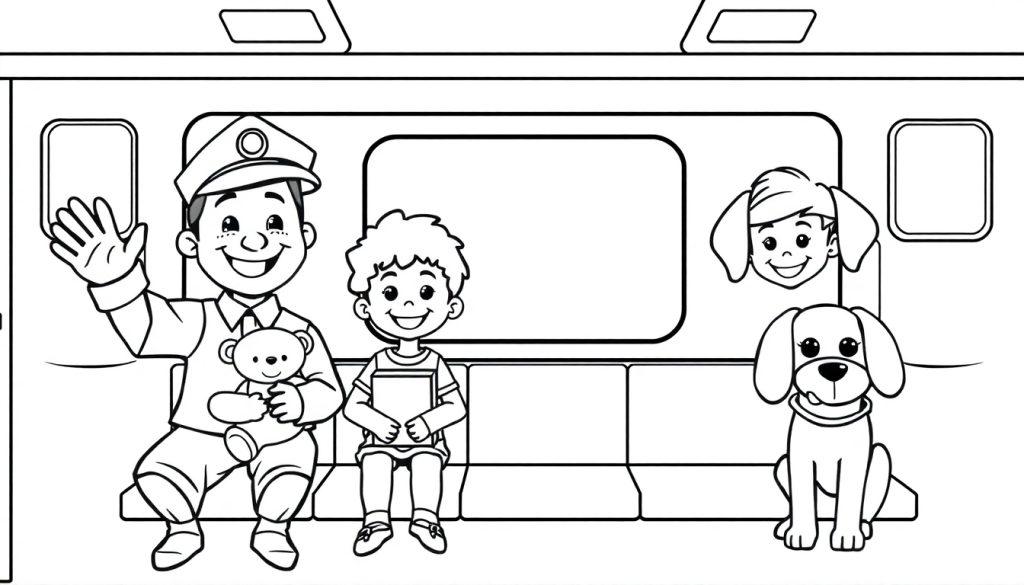Eine Schwarz-Weiß-Farbtafel einer fröhlichen U-Bahn-Szene mit verschiedenen Passagieren, darunter ein Schaffner mit Teddybär, ein Junge mit Buch und ein Mädchen, das aus dem Fenster schaut, sowie ein Hund, alle reisen auf einer Bank.