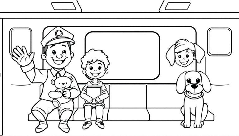 Eine Schwarz-Weiß-Farbtafel einer fröhlichen U-Bahn-Szene mit verschiedenen Passagieren, darunter ein Schaffner mit Teddybär, ein Junge mit Buch und ein Mädchen, das aus dem Fenster schaut, sowie ein Hund, alle reisen auf einer Bank.