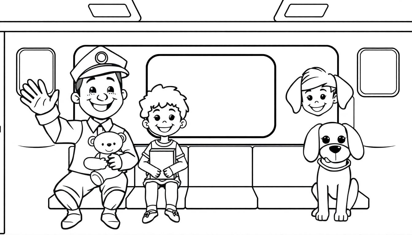 Eine Schwarz-Weiß-Farbtafel einer fröhlichen U-Bahn-Szene mit verschiedenen Passagieren, darunter ein Schaffner mit Teddybär, ein Junge mit Buch und ein Mädchen, das aus dem Fenster schaut, sowie ein Hund, alle reisen auf einer Bank.