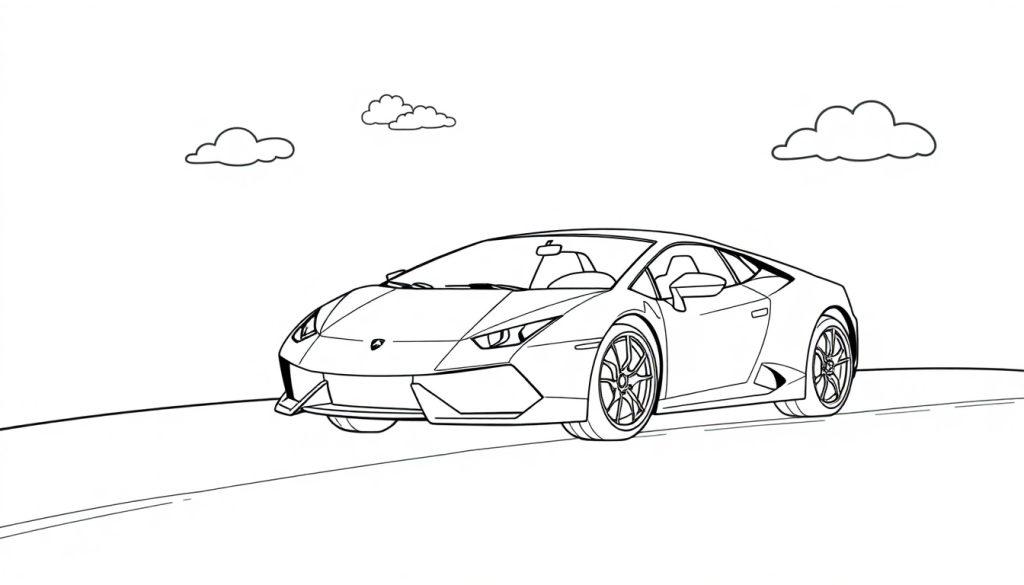 Schwarz-weiße Umrisszeichnung eines Lamborghini-Autos, bereit zum Ausmalen als Farbtafel für Kinder.