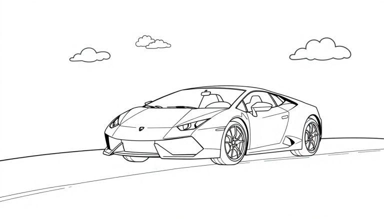 Schwarz-weiße Umrisszeichnung eines Lamborghini-Autos, bereit zum Ausmalen als Farbtafel für Kinder.