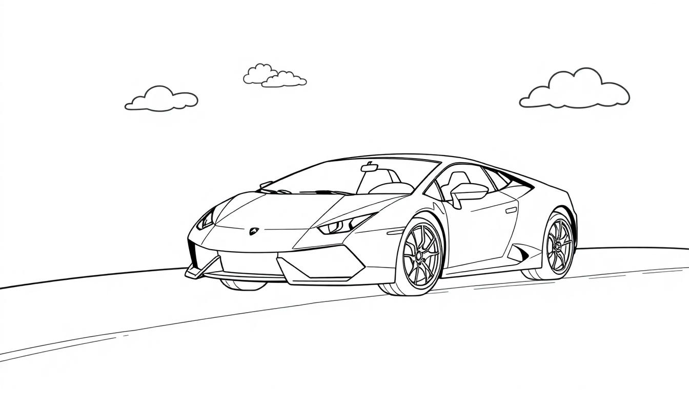 Schwarz-weiße Umrisszeichnung eines Lamborghini-Autos, bereit zum Ausmalen als Farbtafel für Kinder.