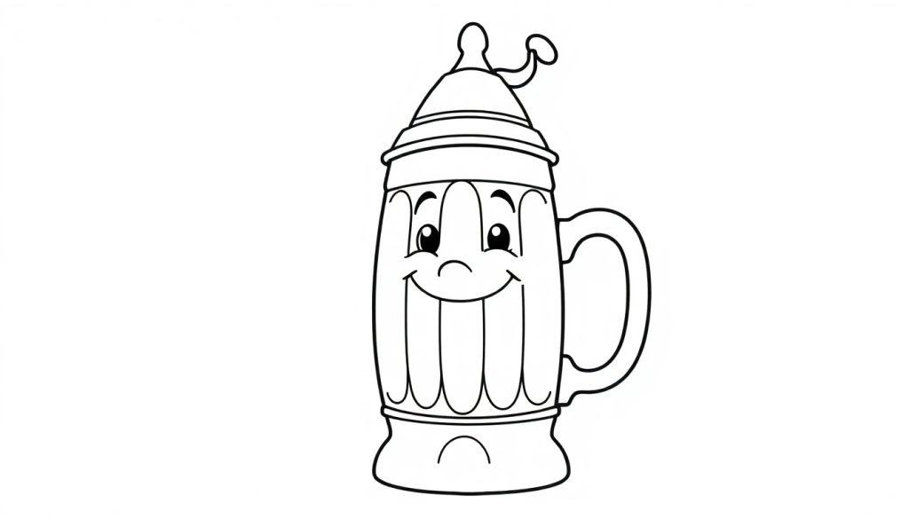 Eine lustige Farbtafel eines Cartoon-Bierkrugs mit einem Hut und einem Lächeln.
