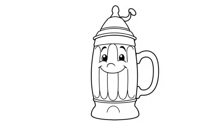 Eine lustige Farbtafel eines Cartoon-Bierkrugs mit einem Hut und einem Lächeln.